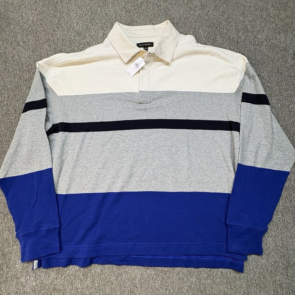 Banana Republic Rugby Polo Shirt Mens XL Striped Long Sleeve Spellout Blocked